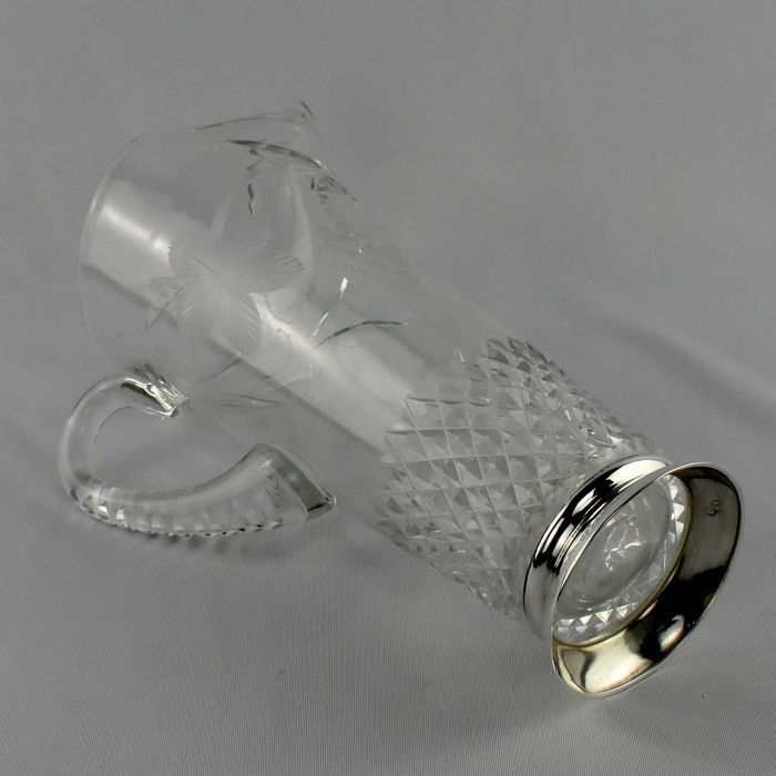 Conjunto de jarro + 9 copos em cristal e base em prata