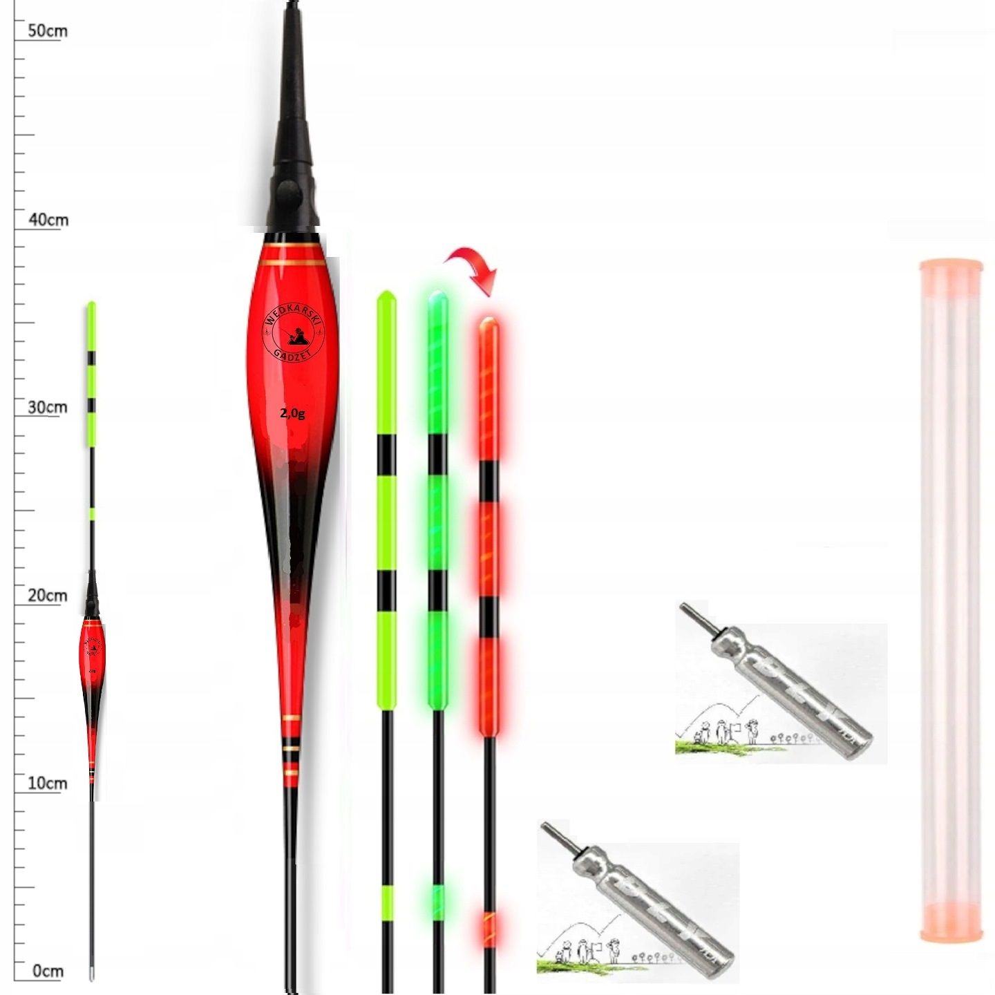 Spławik ŚWIECĄCY 2.0g - Zmiana Koloru DWIE FUNKCJE + 2x Bateria + TUBA