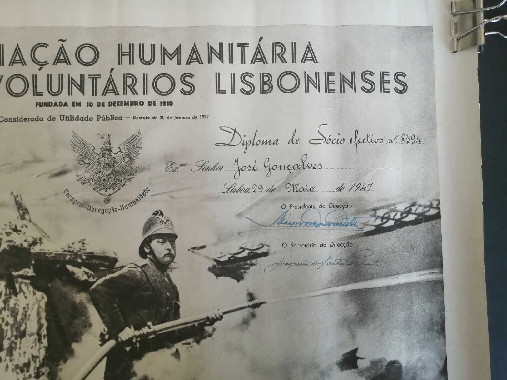 Bombeiros Voluntários Lisbonenses diploma de sócio 1947