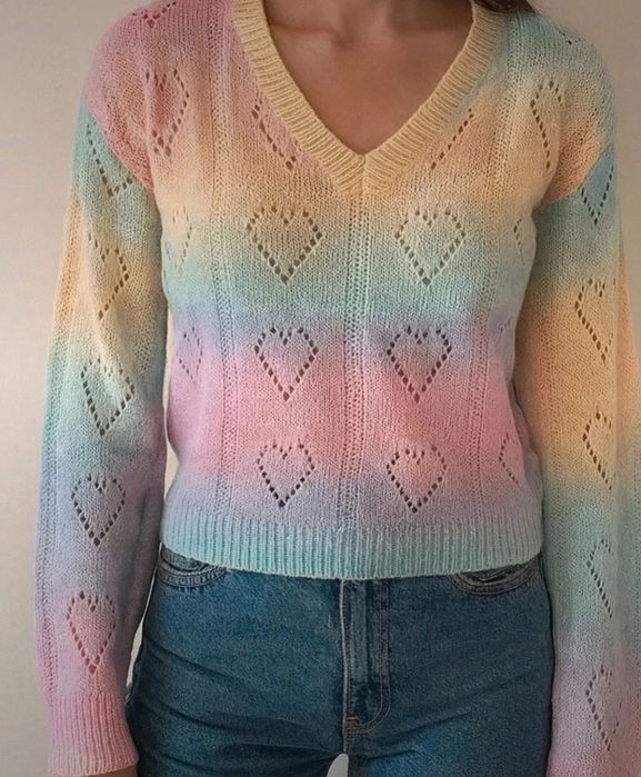 Sweter damski w serca serduszka Nowy ażurowy pastelowy S