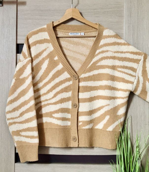 Beżowy kardigan damski zebra Brave Soul oversize miękki sweter L, 40