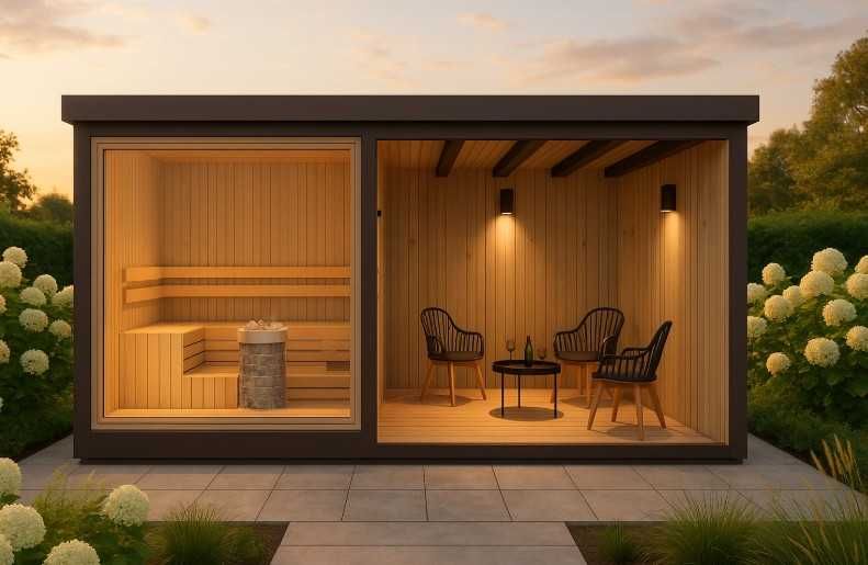 Sauna ogrodowa z wiatą - 500x245x230cm - realizacja - Bielsko-Biała