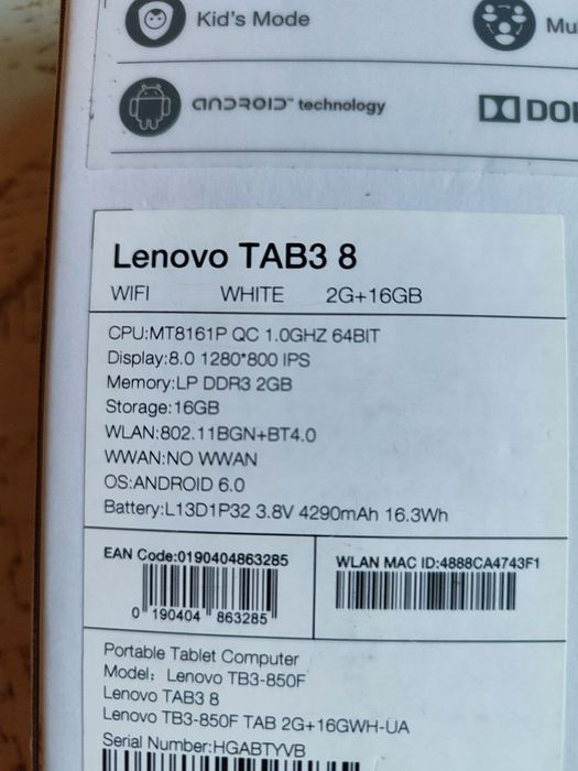 Планшет Lenovo TAB3 8