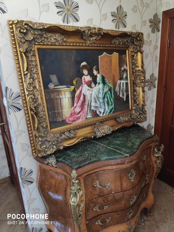 Piekna Barokowa  bogata antyczna Komoda i obraz w grubej zlotej ramie