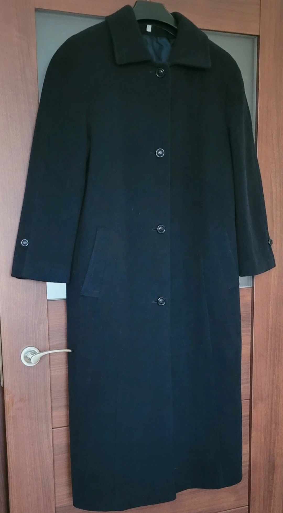 Nowy oryginalny piękny wełniany długi płaszcz ciemny granat czarny roz