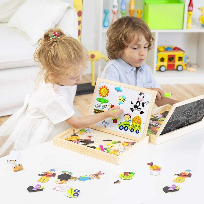 Tablica Magnetyczna Edukacyjna dla Dzieci Drewniana Dwustronna 100 el