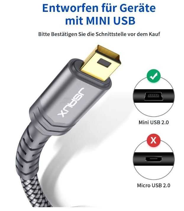 Kabel USB mini w oplocie JSAUX 2 sztuki (1m i 2m)