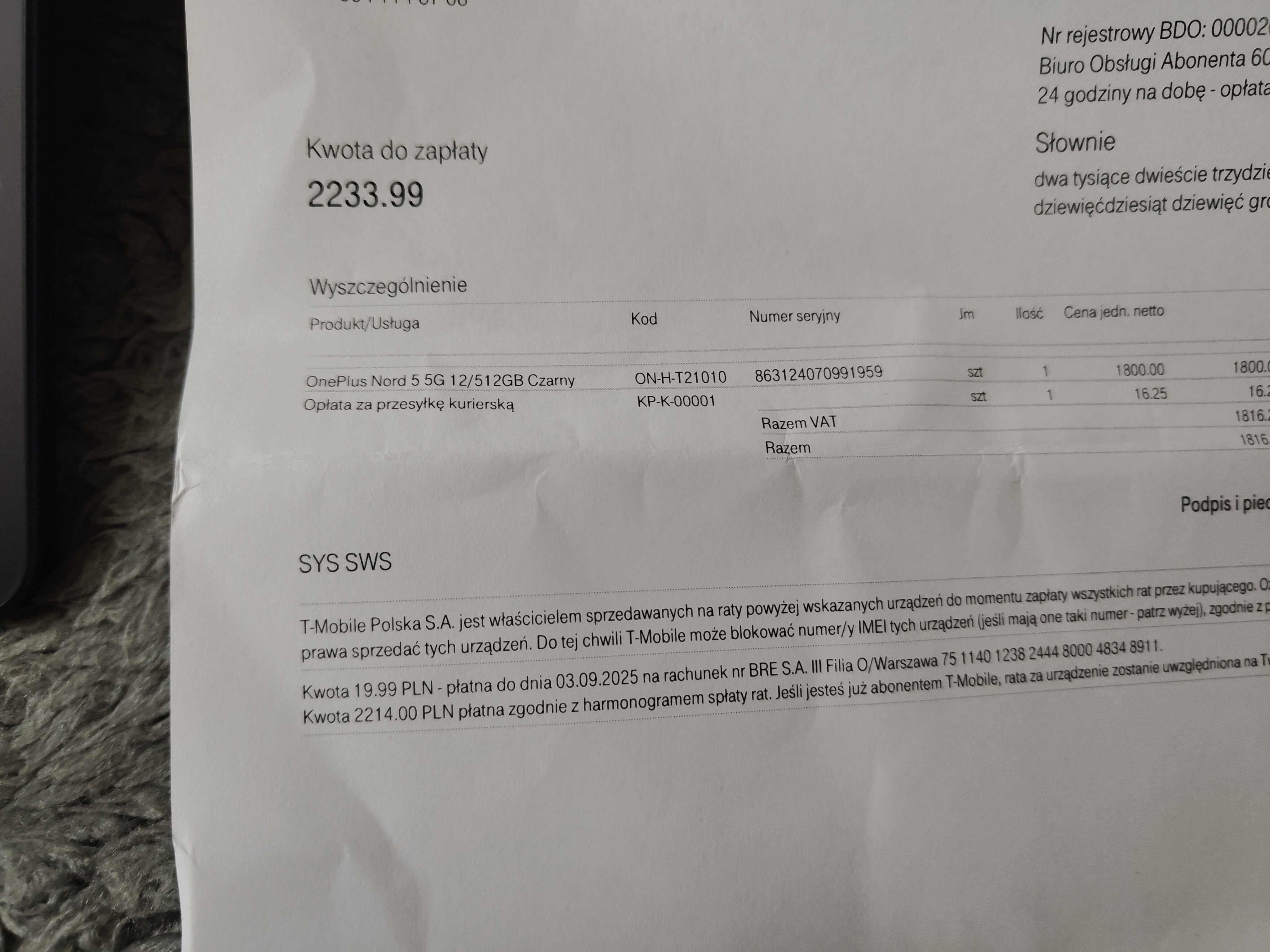 OnePlus Nord 5 5G 12/512GB Szary
 Nowy na gwarancji