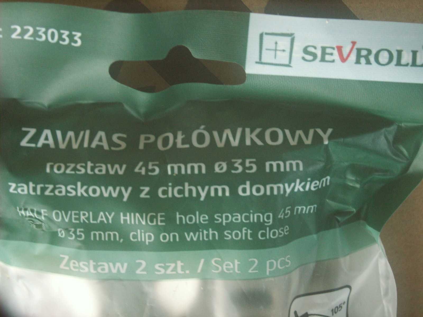 zawias meblowy sewroll połówkowy cichy domyk nowy kpl 2 szt