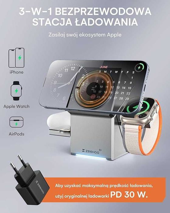 ZEEHOO Bezprzewodowa stacja ładująca 3 w 1, ładowarka