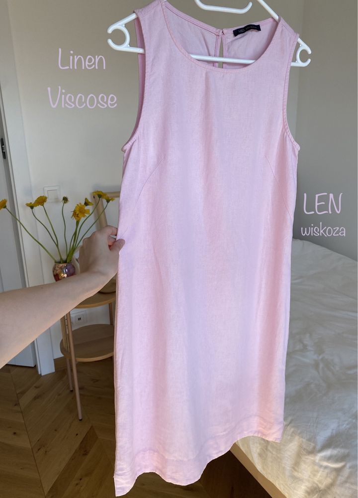 Lniana pudrowo różowa sukienka prosty krój BASIC 36 S M&S len wiskoza