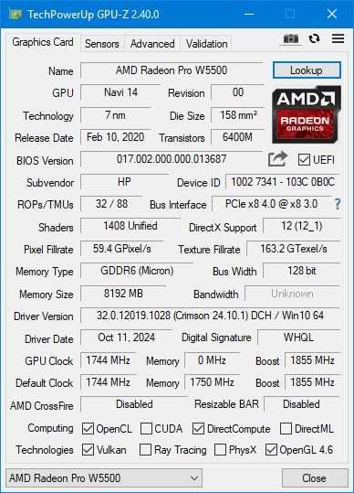 Видеокарта AMD Radeon Pro W5500 8 GB GDDR6