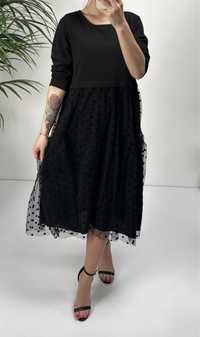 Sukienka czarna tiul tiulowa bawelniana kropki uniwersalna plus size