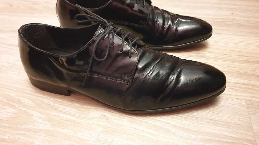 Czarne buty lakierki 46 do smokingu garnituru + czarny pasek lakier