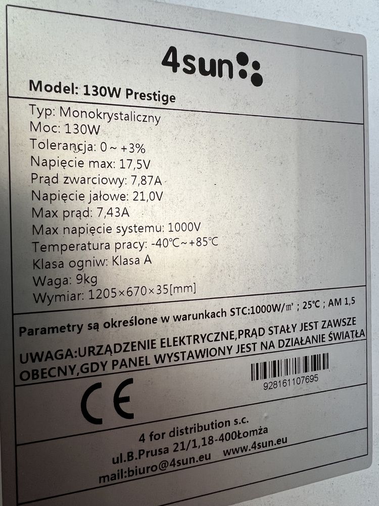 Panel Fotowoltaiczny 130W do Kampera Słoneczny 4sun Prestige