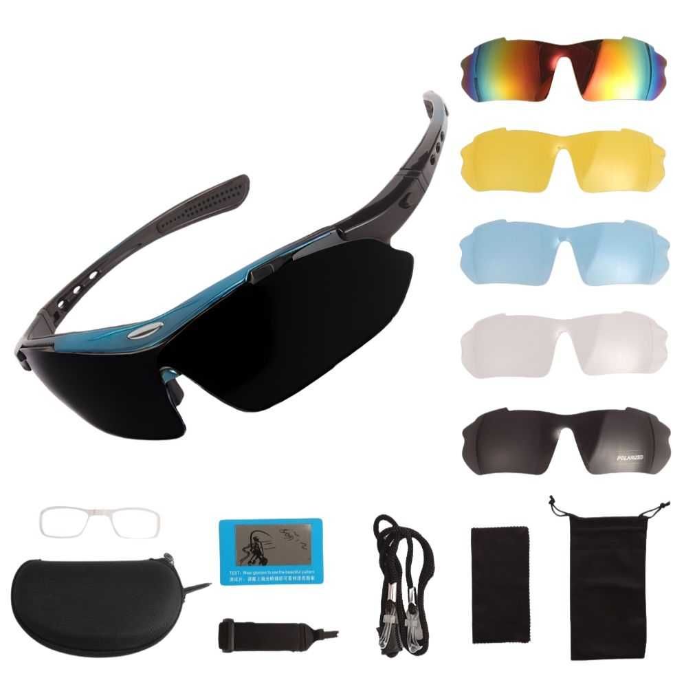 Солнцезащитные очки тактические Oakley черные с синим ободком 5 линз
