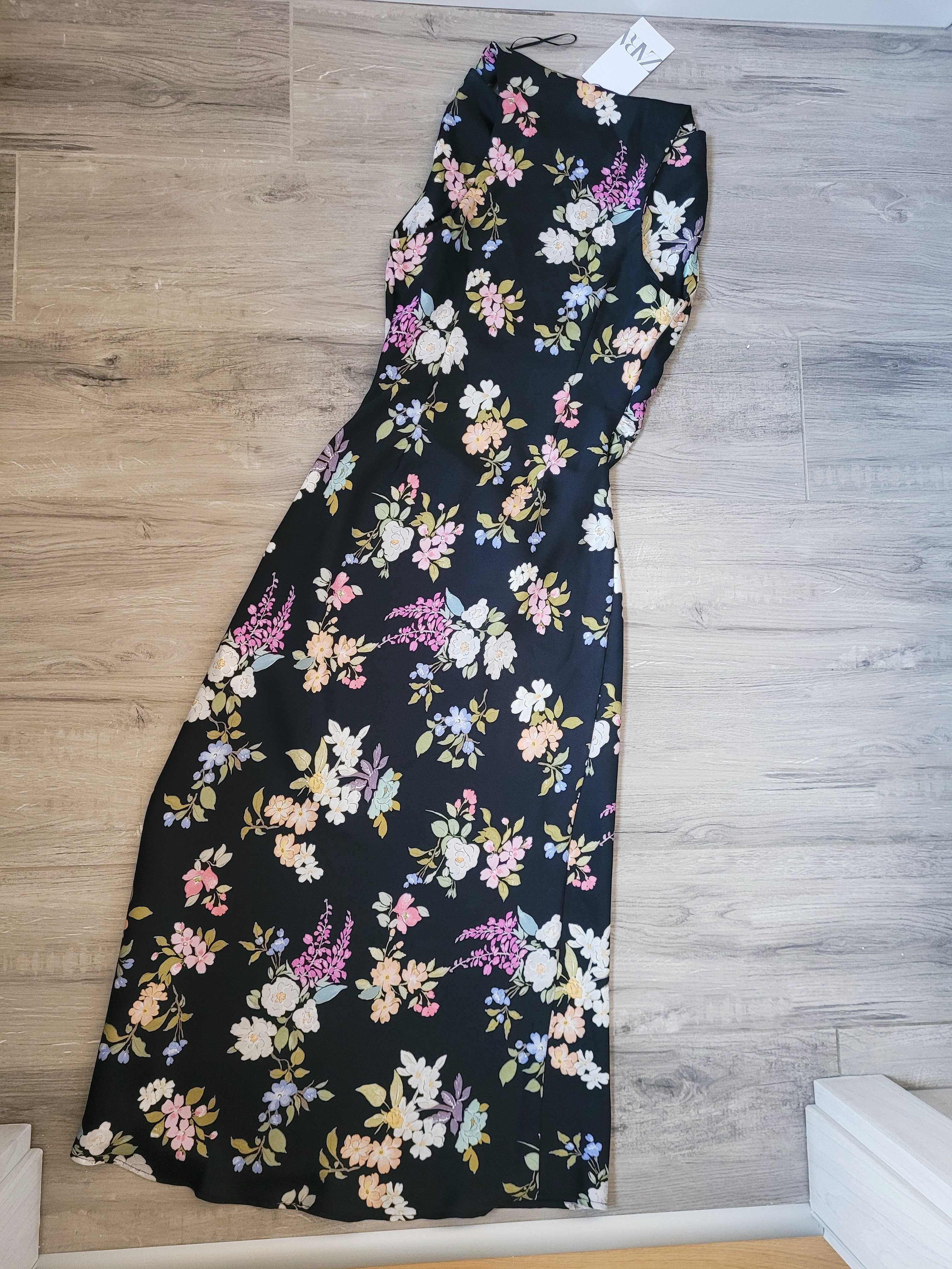 Satynowa drapowana sukienka midi w kwiaty boho Zara XS