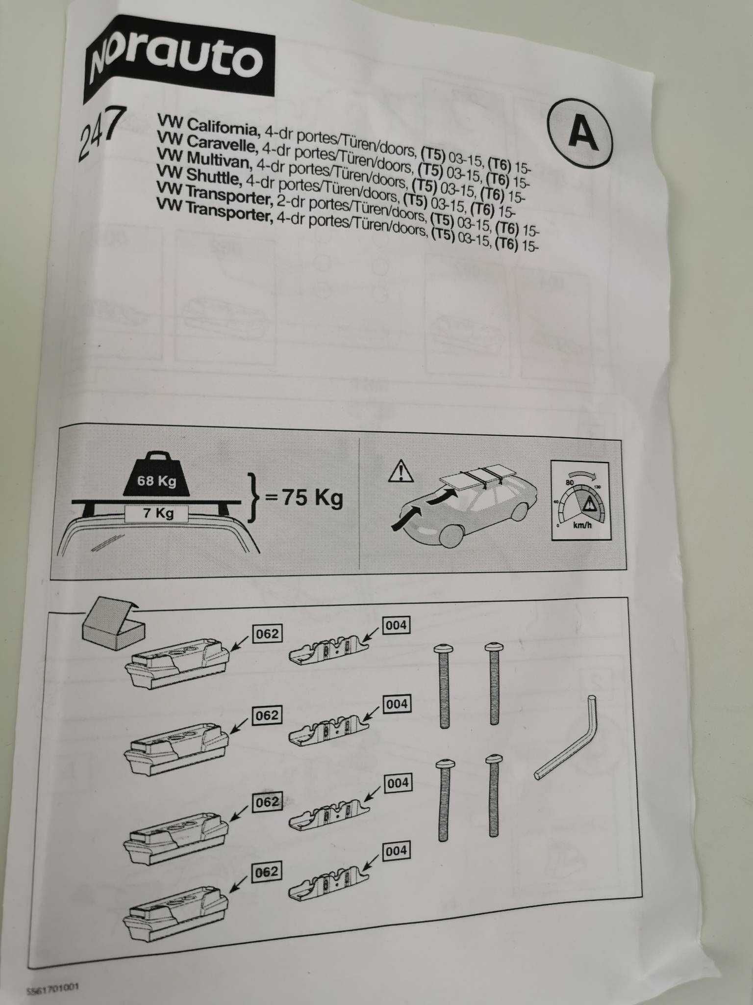 Kit Norauto 247 Zestaw montażowy Transporter Multivan T5 T6 Caravelle