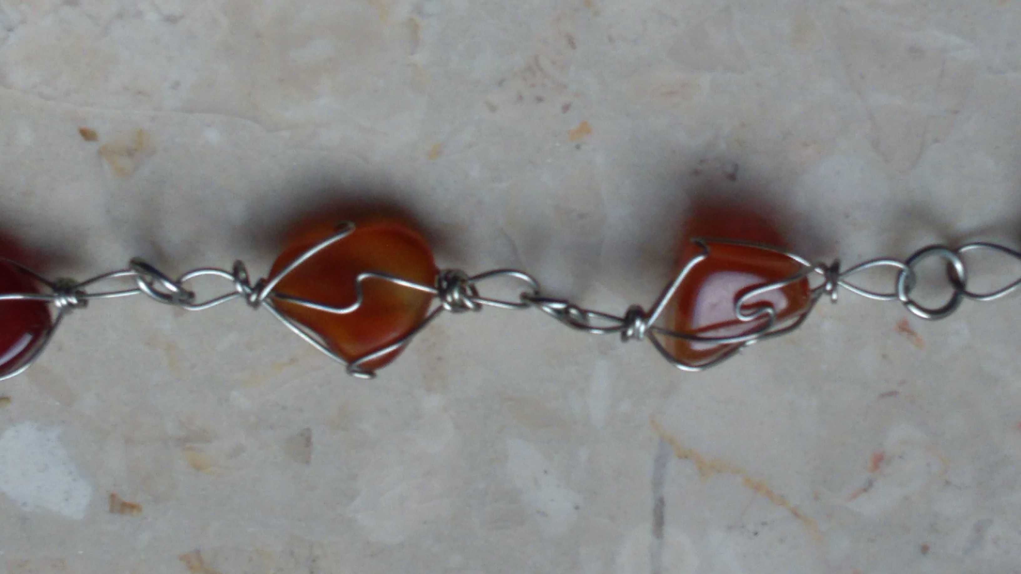 naszyjnik karneole oprawione w metalową siatkę rękodzieło vintage