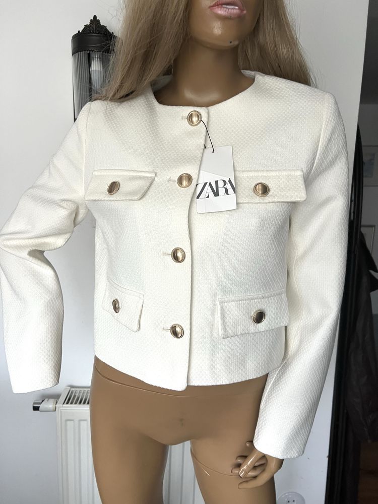 Zara biały żakiet ecru jasny krótki bawełniany nowy elegancki marynara