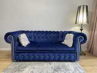 Granatowa sofa trzy-osobowa Chesterfield Classic + funkcja spania!