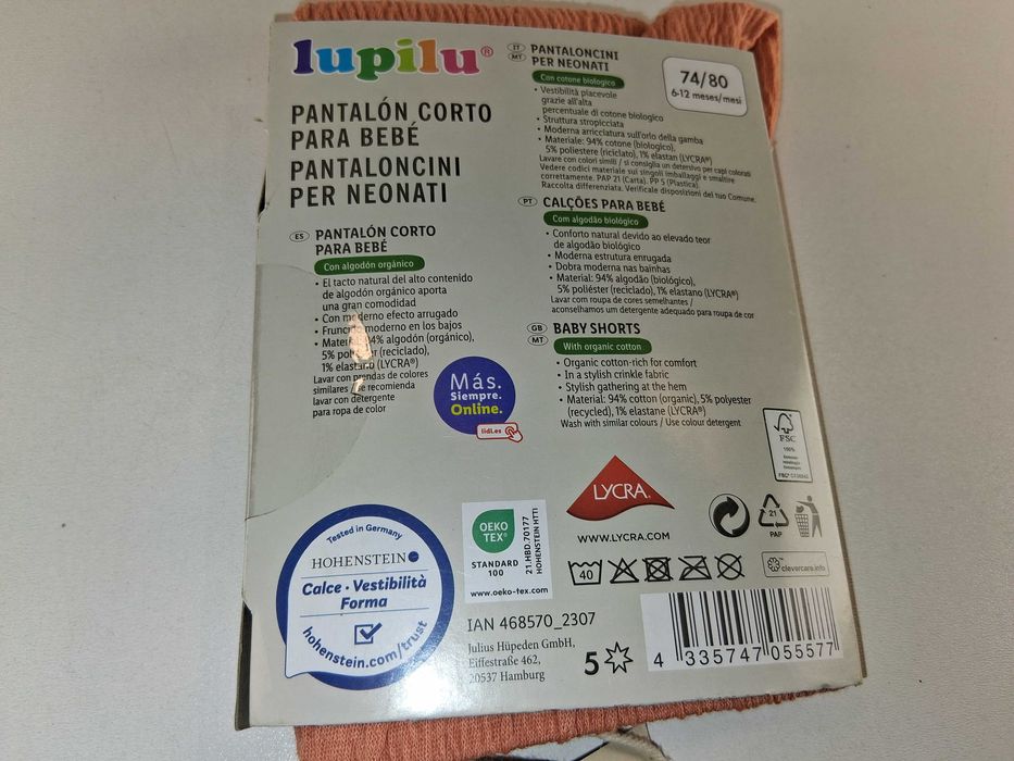 A178 Lupilu Baby Shorts Spodenki Niemowlęce Bio-Bawełna Rozmiar 74/80