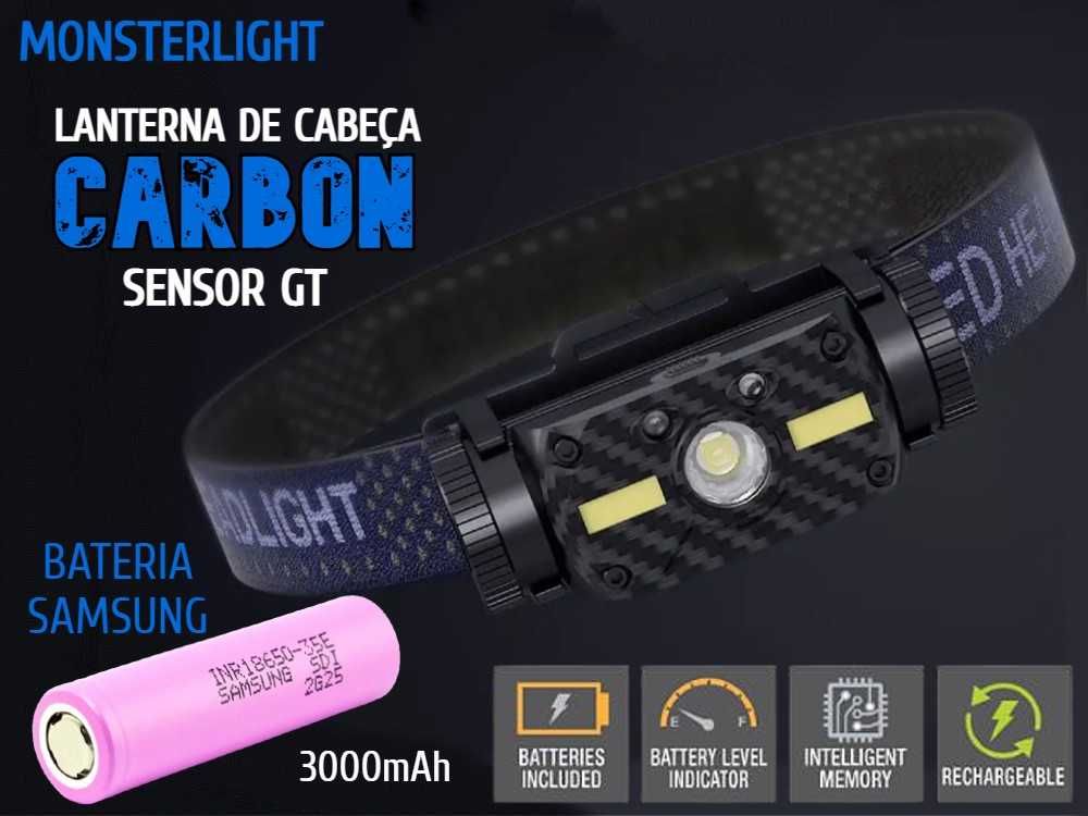 Lanterna cabeça MonsterLight Carbon GT bateria recarregável Samsung