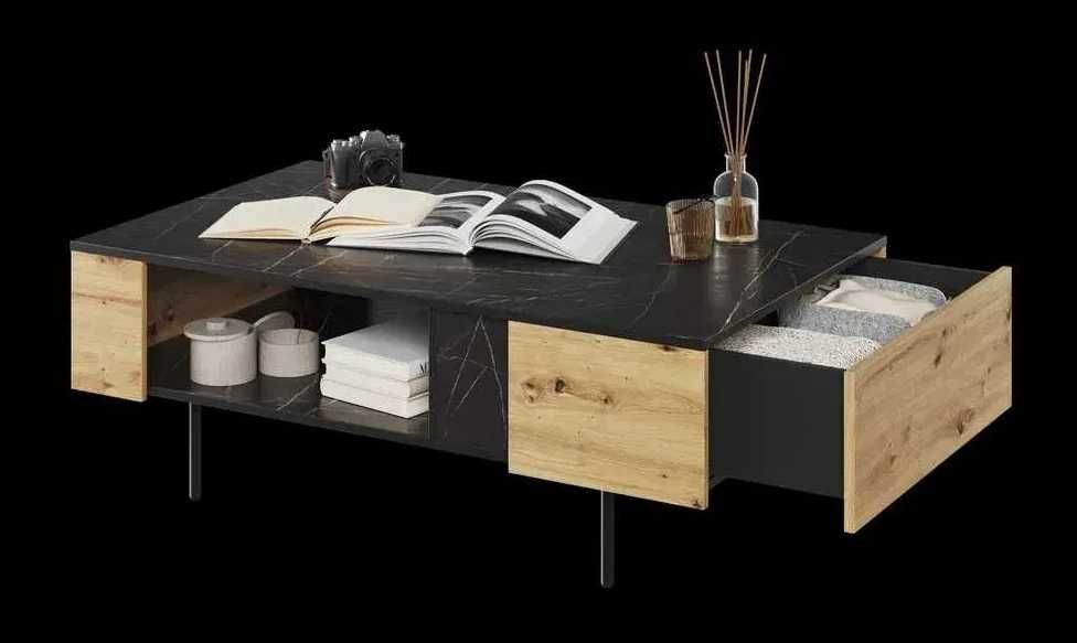 NOWOCZESNA ława stolik kawowy z półką DĄB artisan marmur z szufladą