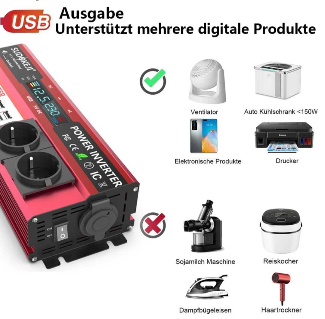 Інвертор, перетворювач напруги Sudokeji Power Inverter 4000W/800 Вт.