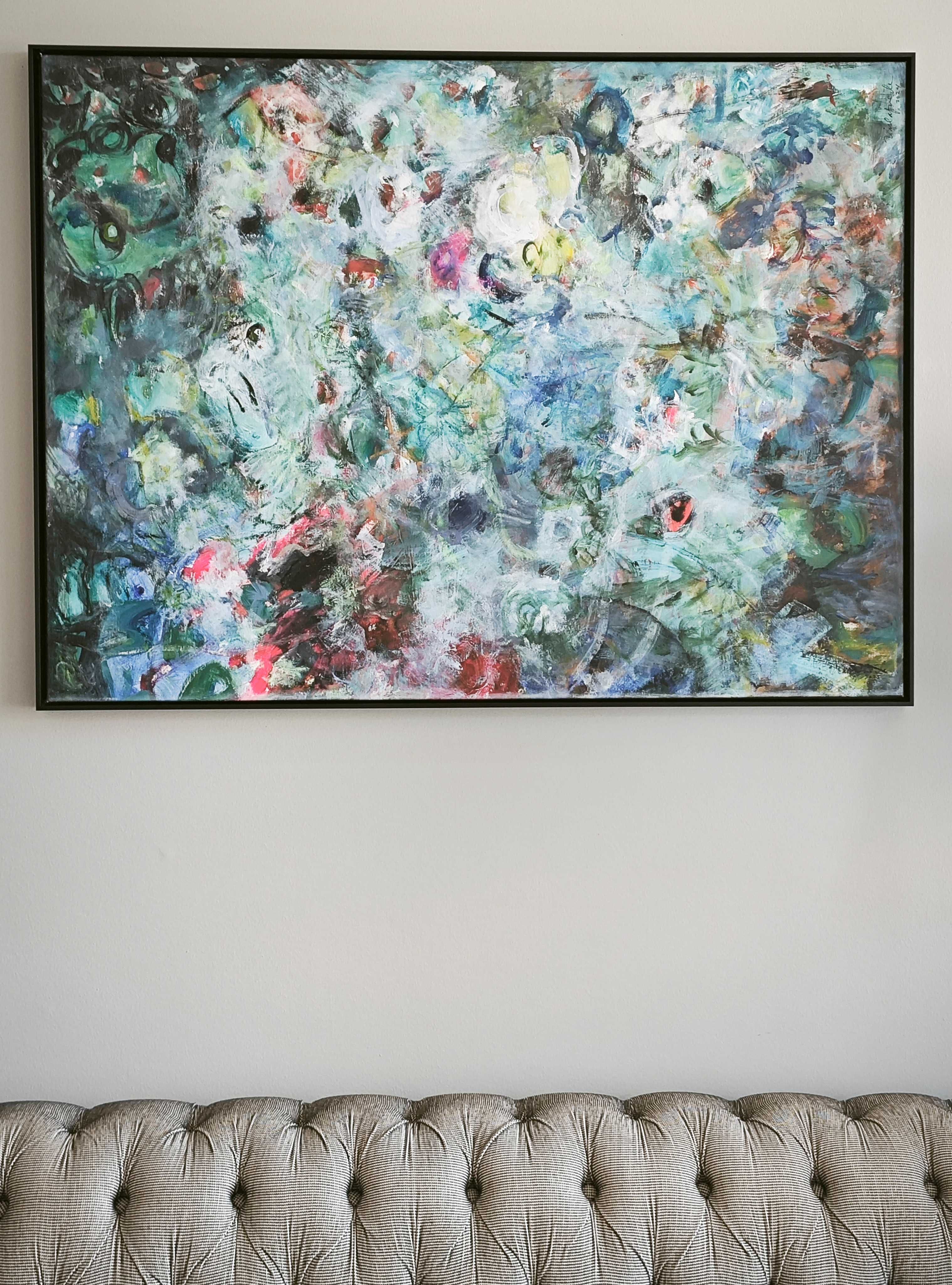Quadro abstrato pintura contemporânea, assinada, moldura em L preta