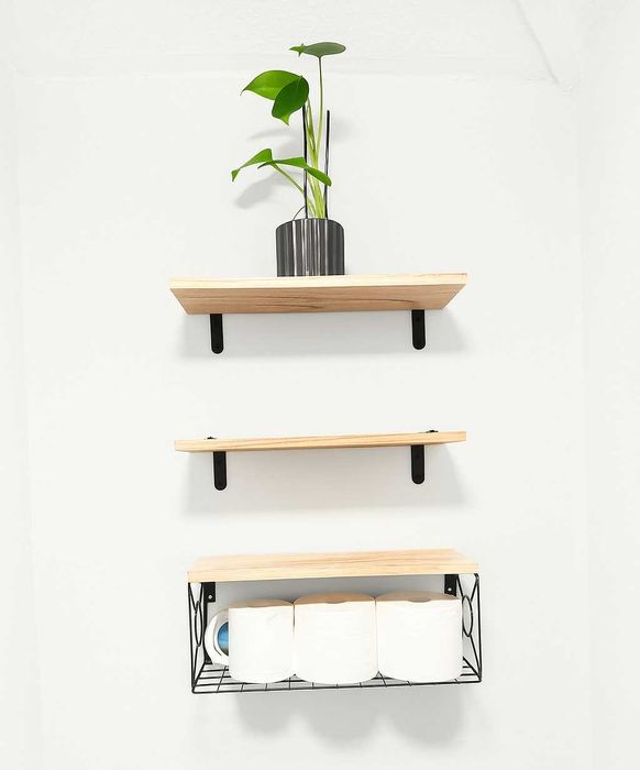 Zestaw 3 jasne półki łazienkowe do kuchni salonu komplet z koszykiem