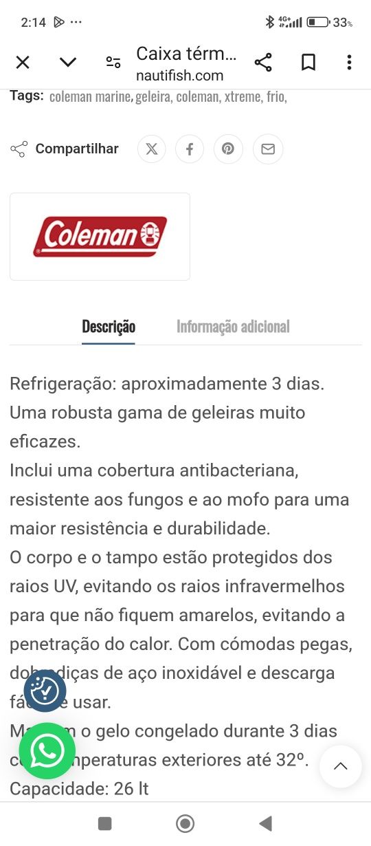 Geleira Coleman marine 26 LT. Com termo acumuladores. Custou + d 100e
