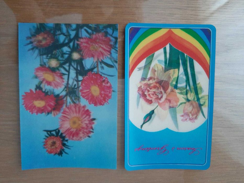 dwie bardzo ładne pocztówki trójwymiarowe, kwiaty