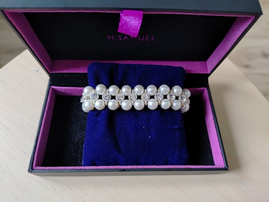 Podwójna bransoletka z pereł i cyrkoni ślubna balowa piękna elegancka