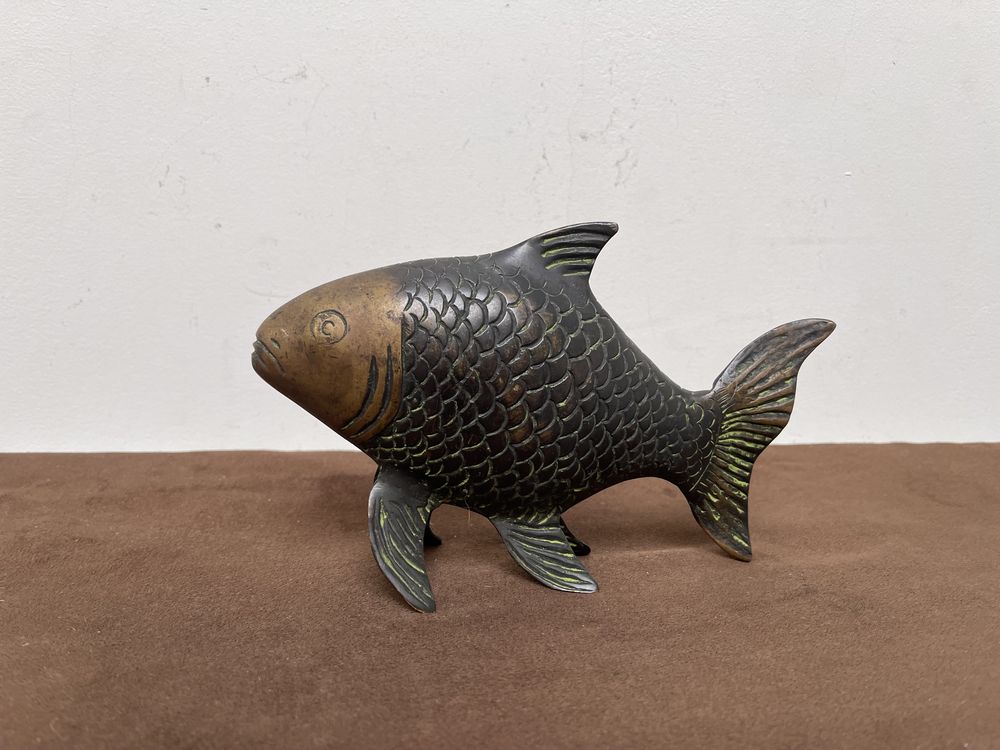 Stara Masywna Rzeźba Figurka Ryba z Brązu