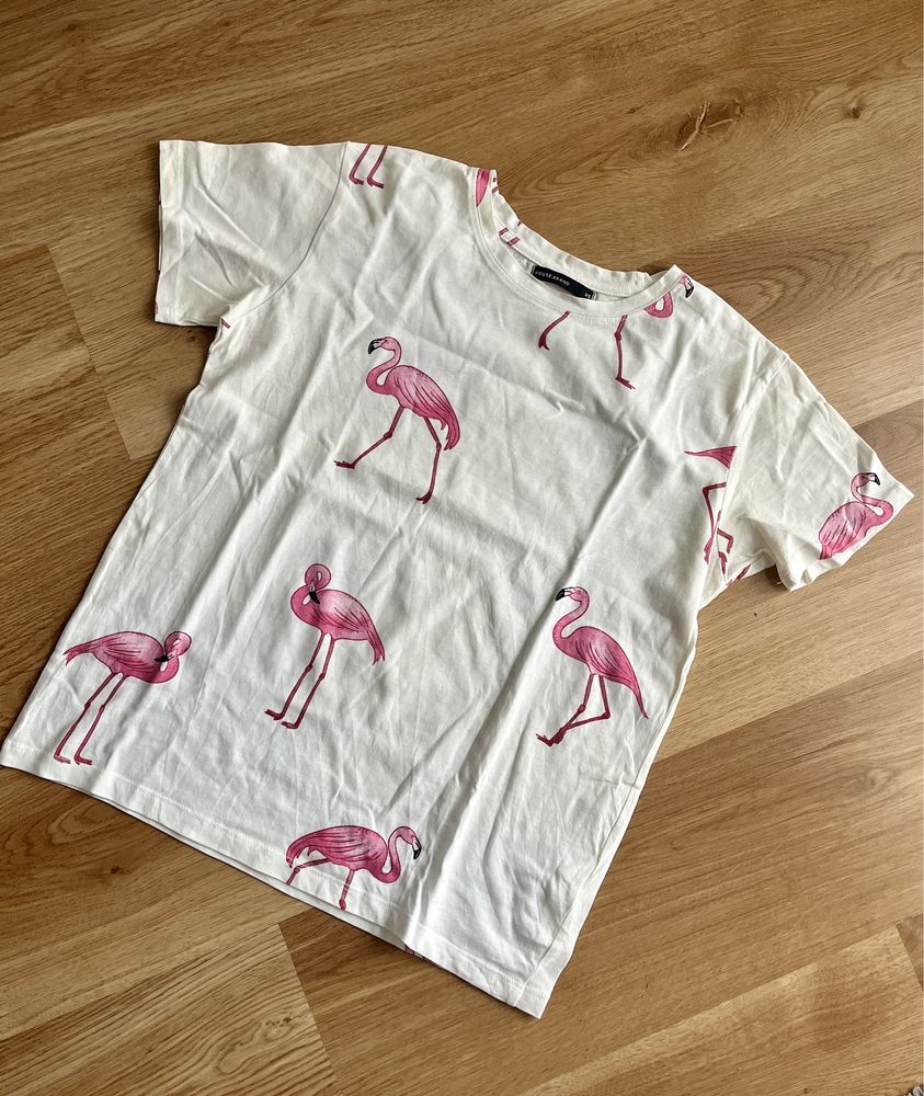 Biały t-shirt, koszulka basic we flamingi, house, xs