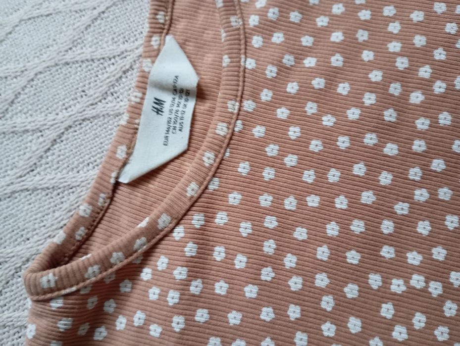 H&M 10-12lat Krótki top koszulka w prążki karmelowa w kwiatki bawełna
