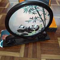 Decoração de mesa bordada dupla face clássica, arte de panda