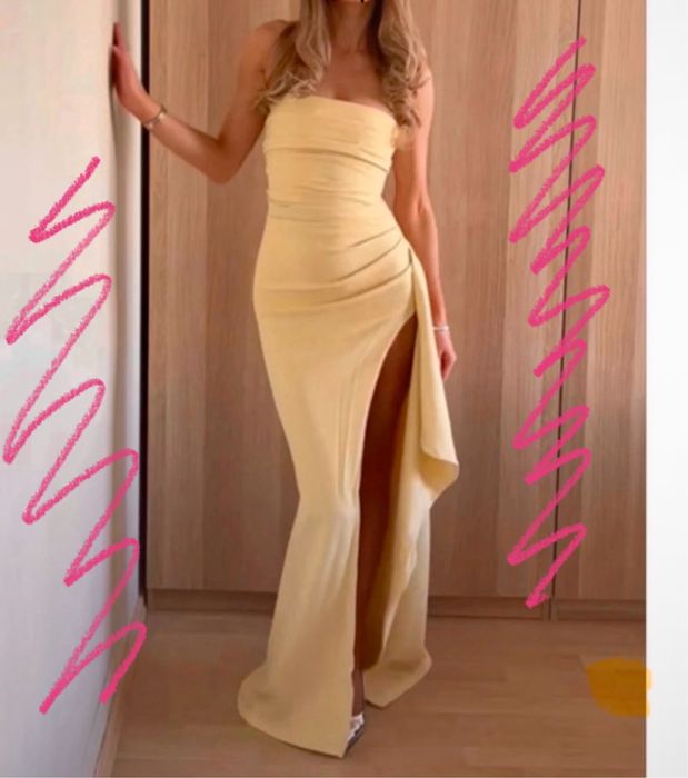 Sukienka maxi na wesele wedding długa z rozcięciem masełkowa dopasowna