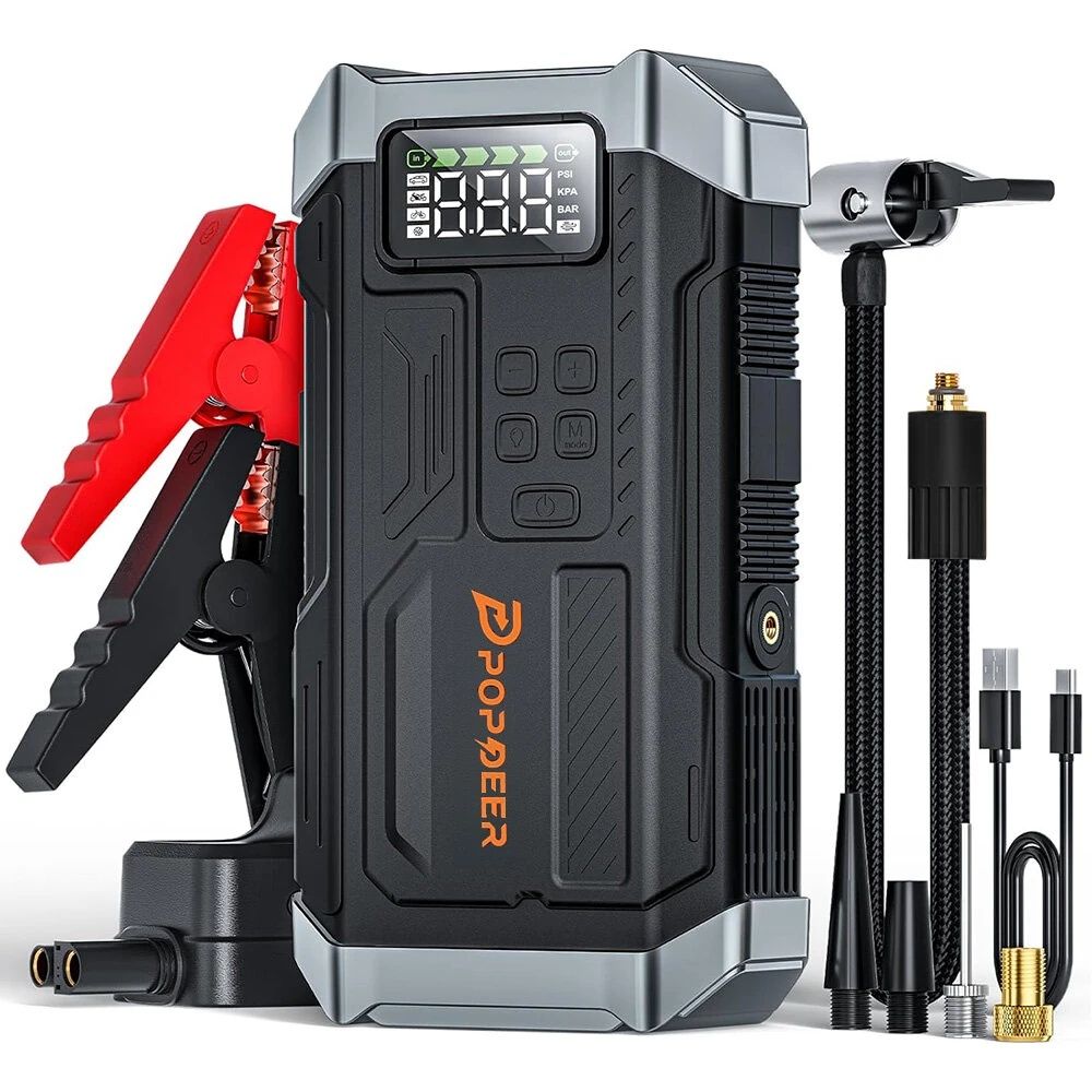 Booster 12V com Compressor de Ar 5000A, Lanterna, Powerbank, Car Start