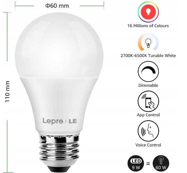 INTELIGENTNA Żarówka LED rgb wifi lepro 9w