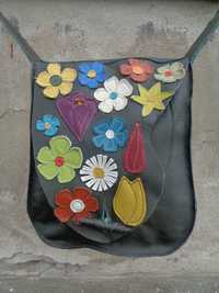 Artystyczna torebka skórzana z kwiatami. Handmade