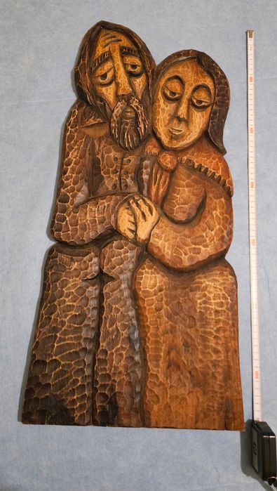 Rzeźba ludowa, płaskorzeźba, drewno, wys 67cm grubość 2.5cm