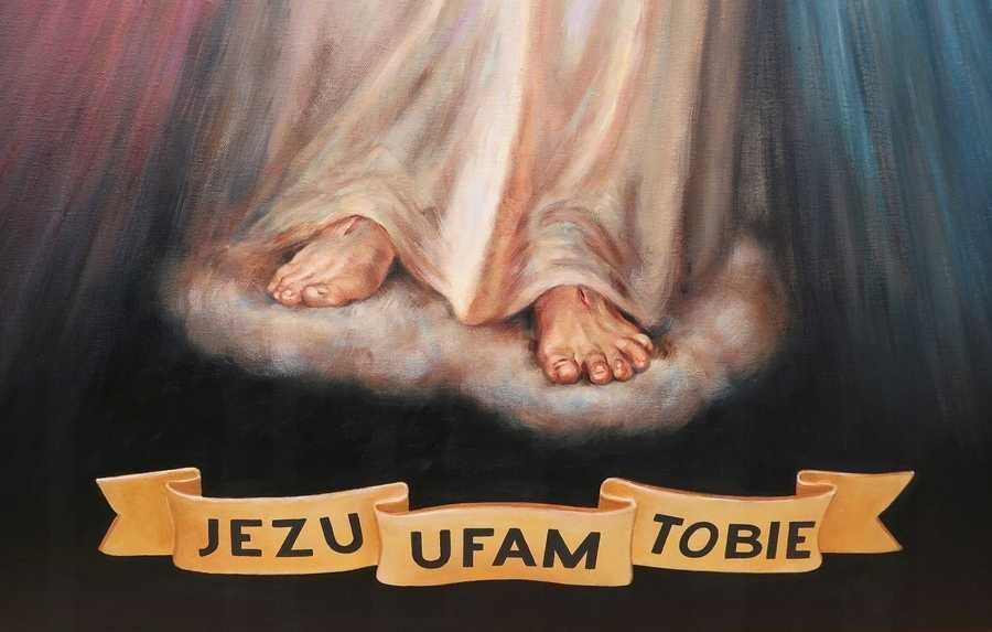 DUŻY obraz malowany JEZU UFAM TOBIE MIŁOSIERNY rama złota do kościoła