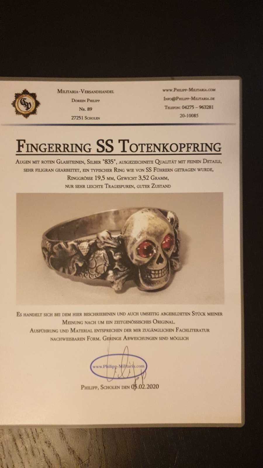 Перстень  SS Totenkopf з Німецькою Експертизою Philipp, Scholen.