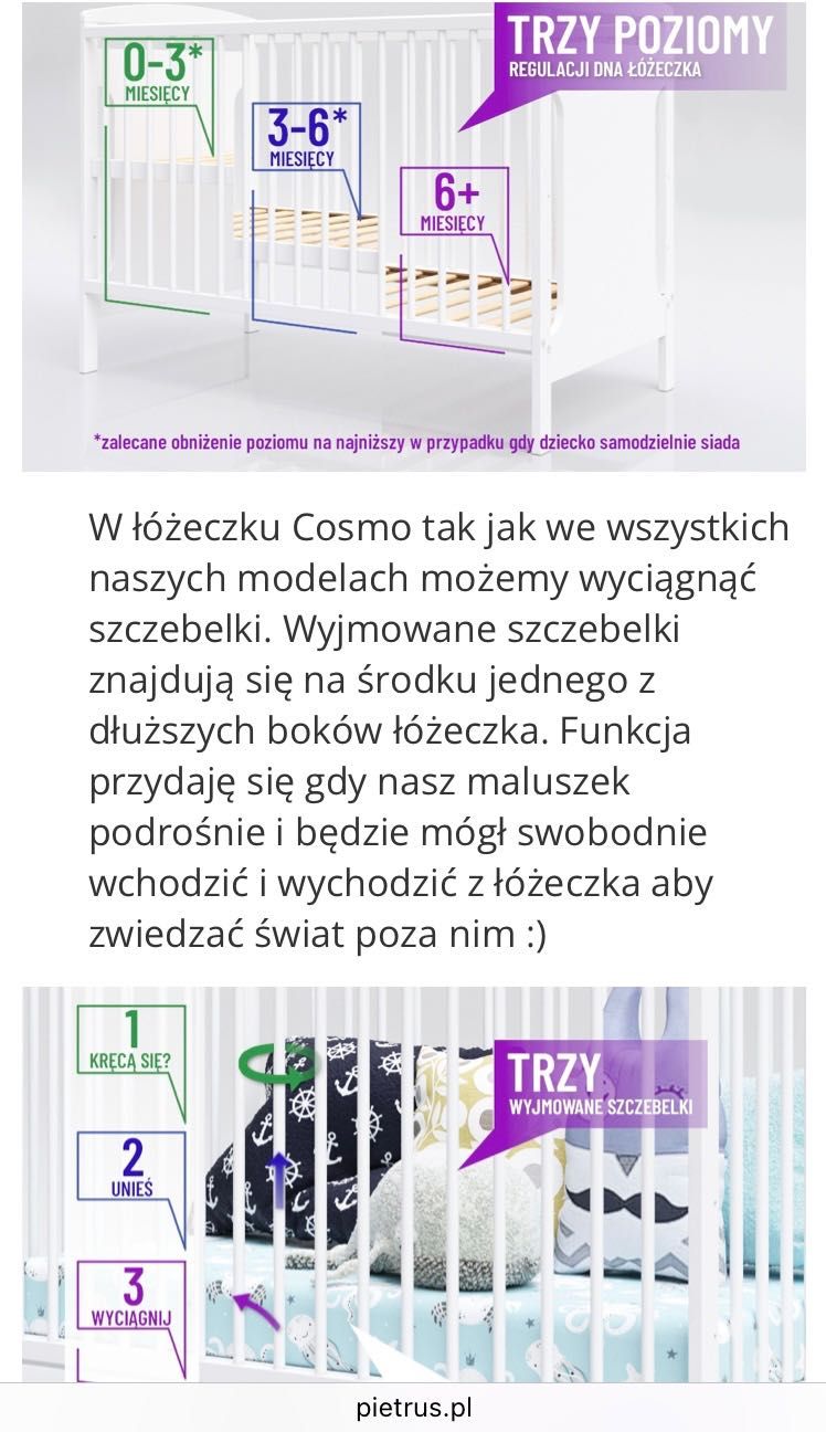 Łóżeczko dziecięce - Cosmo 120x60 + Materac Rucken