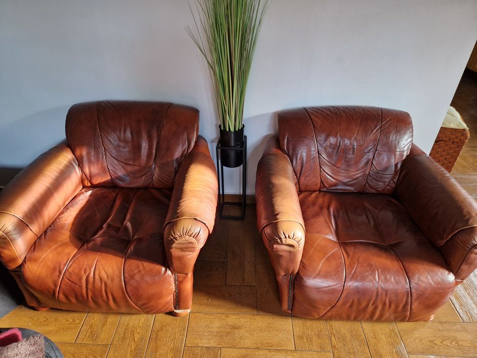 Sofa 2 z funkcją spania + 2 fotele Skóra Naturalna