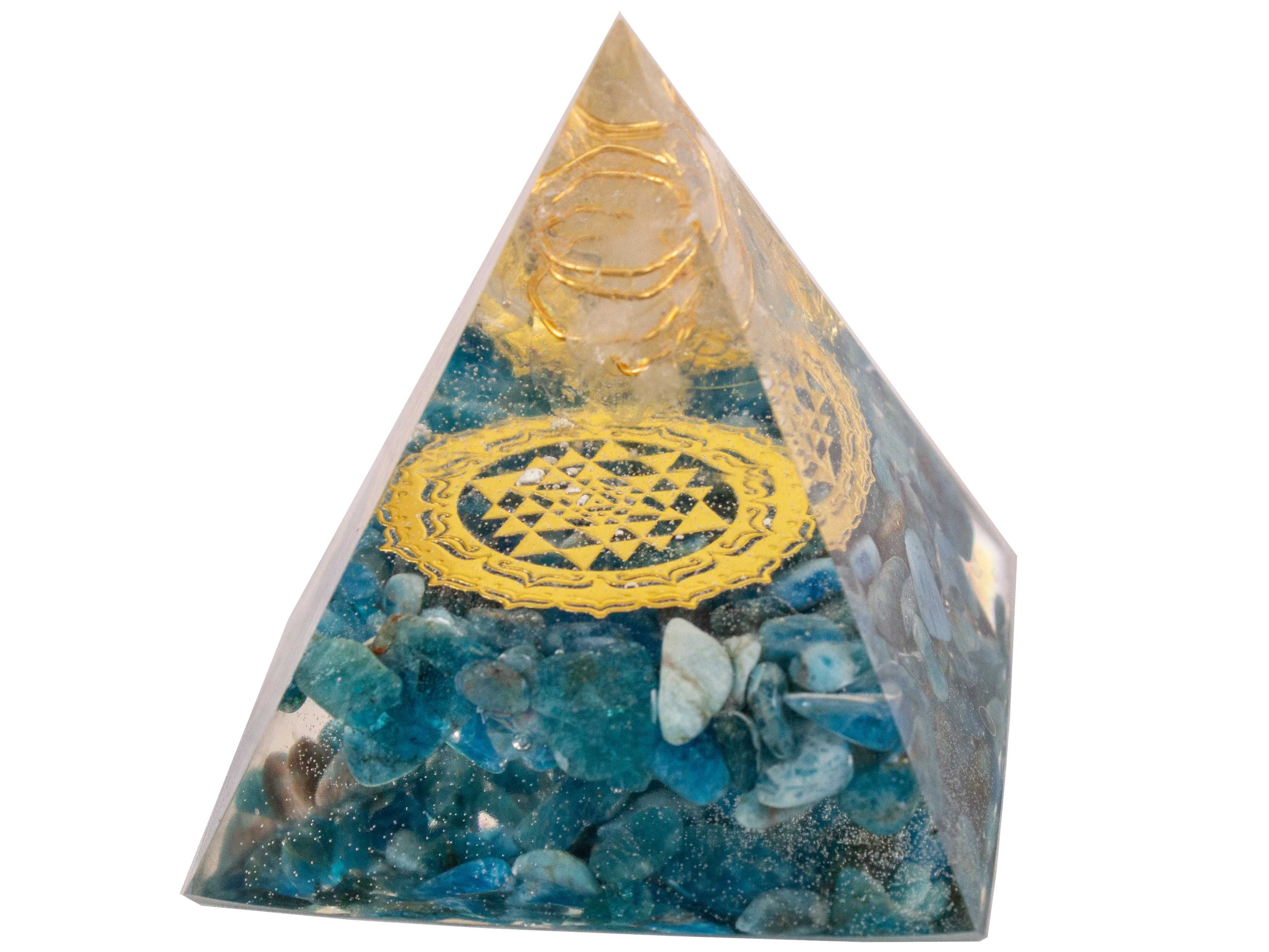 Feng Shui Piramidka Orgonitowa Apatyt Danburyt Kryształ Śri Jantra 5cm