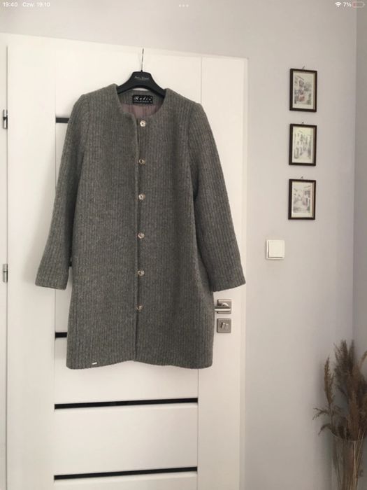 Wełniany szary klasyczny płaszcz prosty ciepły damski 42/44 xl