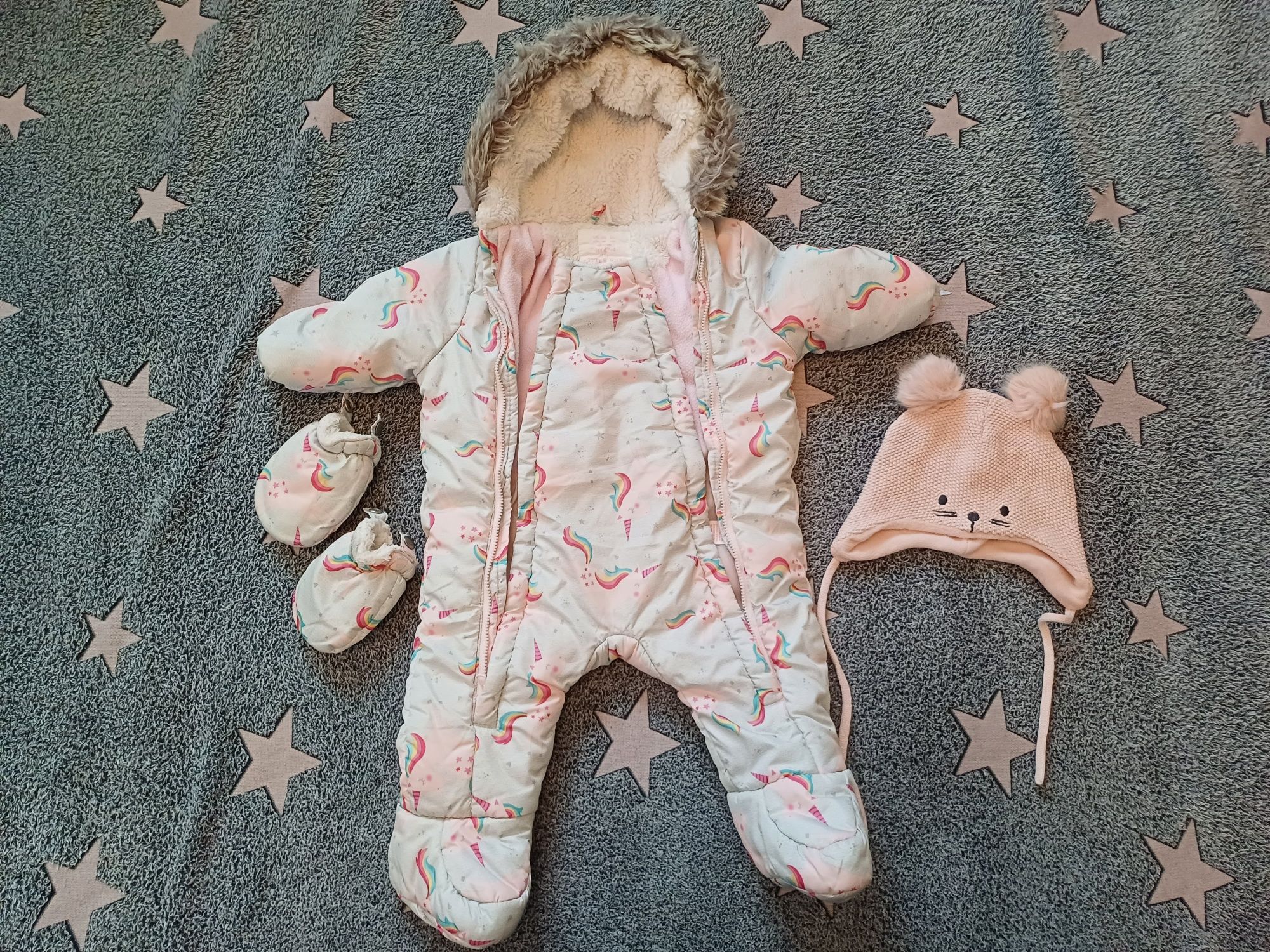 Kombinezon zimowy w jednorożce r.68 i czapka różowa H& M gruby